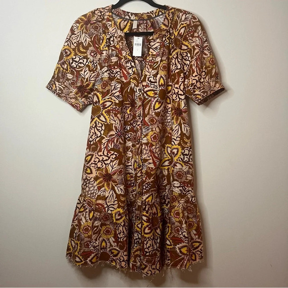 NWT PILCRO Boho Fall Colorful Puff Sleeve Cotton Linen Blend Tunic Dress - Picture 2 of 15